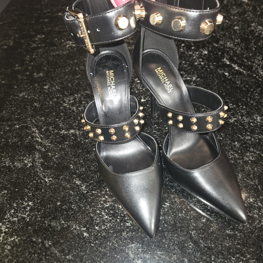 MICHAEL Michael Kors Black Studded Pointed-Toe Ankle Strap Pumps